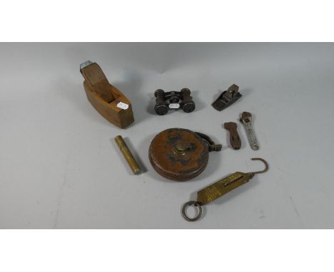 A Small Collection of Vintage Tools Including Thumb Plane, Tape Measure, Spring Balance Etc 