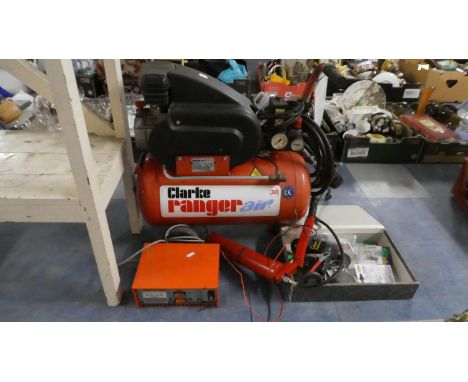 A Clarke Ranger 30 Compressor, Grease Gun, Charger and Towing Tools 