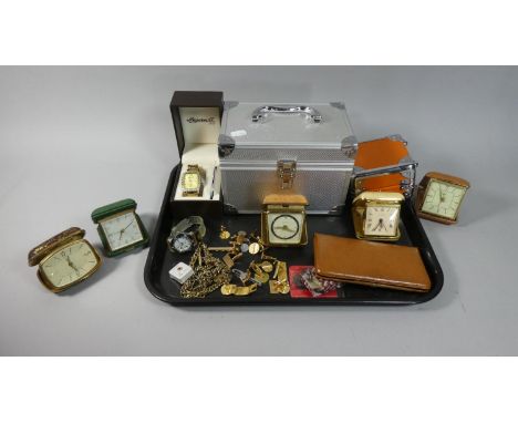 A Tray Containing Various Alarm Clock, Two Wrist Watches, Costume Jewellery, Boxes etc 