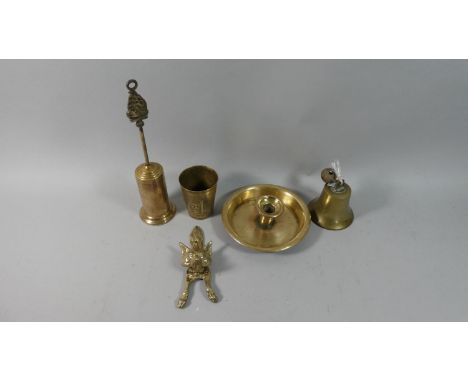 A Collection of Brasswares to Include Fox Door Knocker, Brass Chamber Stick, Bell Etc 