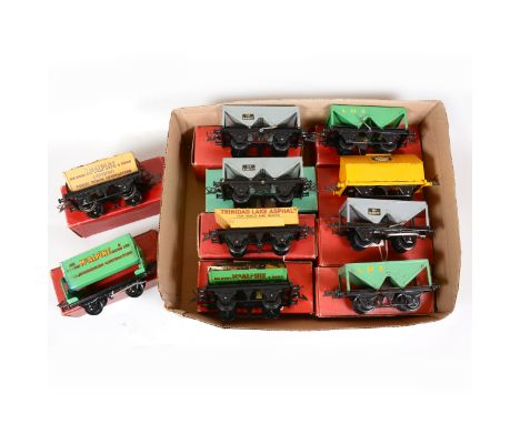 Hornby O gauge model railway tipping and hopper wagons; ten including 'McAlpine &amp; Sons'; Trinidad Lake Asphalt'; 'Portlan