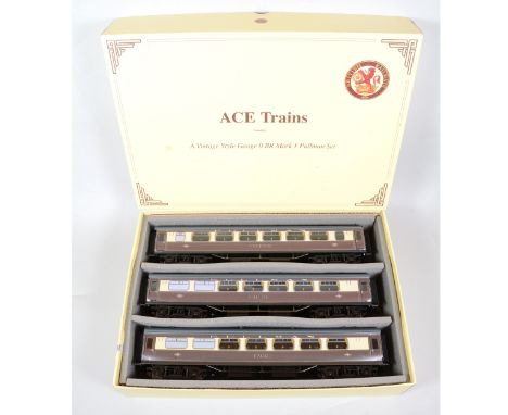 ACE Trains O gauge model railway BR Mark I Pullman set, three passenger coaches including 'Emerald', 'Falcon', 'Eagle', boxed