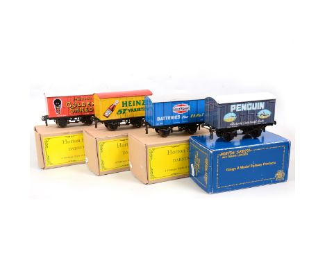 Horton Series O gauge model railway advertising vans, four including ACE Train Penguin Boats; Darstaed Trains de Luxe Heinz 5