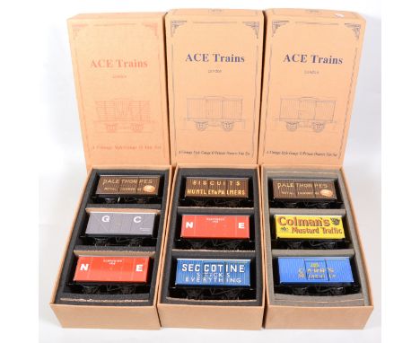 ACE Trains O gauge three model railway van sets, Set 4 containing Pale Thorpes; GC grey; NE Gunpowder, red; Set 7 containing 