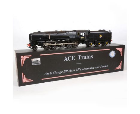 ACE trains O gauge model railway locomotive and tender, BR 2-10-0 9F, 92098, matt black, boxed with booklet.