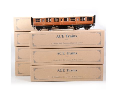 ACE Trains O gauge model railway passenger coaches, seven C/4 LNER corridor coaches, all teak 'Flying Scotsman' London King's