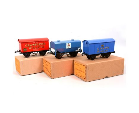 Directory Series O gauge model railway advertising vans, three including Carr's Biscuits; Crawford's Biscuits; Johnnie Walker
