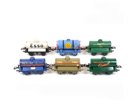 Hornby O gauge model railway tank wagons; six loose examples including Redline-Glico; Pool; Esso; Colas; Castrol; Pratts, gre