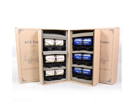 ACE Trains O gauge two model railway tanker sets, Set A containing United Dairies (x3), and a set containing Express Dairy, b