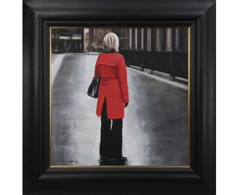 * GERARD BURNS (SCOTTISH b. 1961),RED COAT, MERCHANT CITYoil on canvas, signedimage size 60cm x 60cm, overall size 83cm x 83c