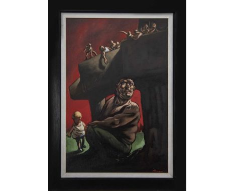 * PETER HOWSON OBE (SCOTTISH b. 1958),CLIFFoil on canvas, signedimage size 90cm x 60cm, overall size 111cm x 80cm Framed.