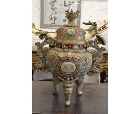 A good large Chinese white metal jade turquoise and coral mounted Koro and cover 90cm high.