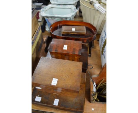 Wooden items to include a writing slope, tea caddy, trays etc.