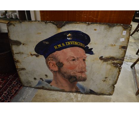 An enamel sign decorated with a sailor.
