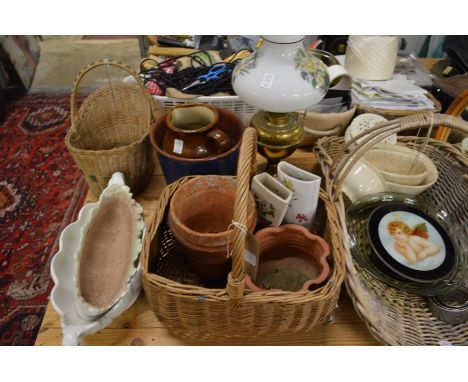 Household miscellaneous to include baskets, oil lamp, glassware etc.