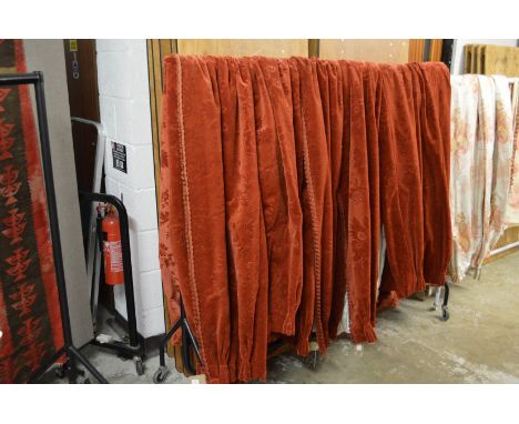 A set of six crimson cut velour curtains, each approx 280cm drop x 90cm at the heading.