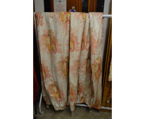 Two cream satin ground curtains printed with shells and other nautical emblems, each approx 280cm drop x 100cm at the heading