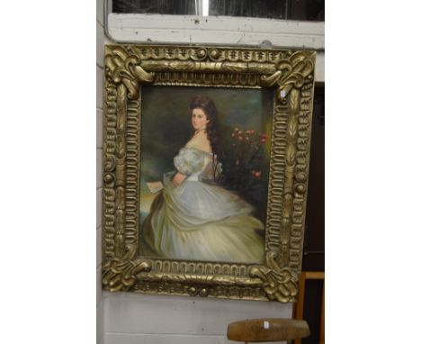 A portrait of a lady wearing a white dress, oil on canvas in a large decorative frame 142cm x 116cm.
