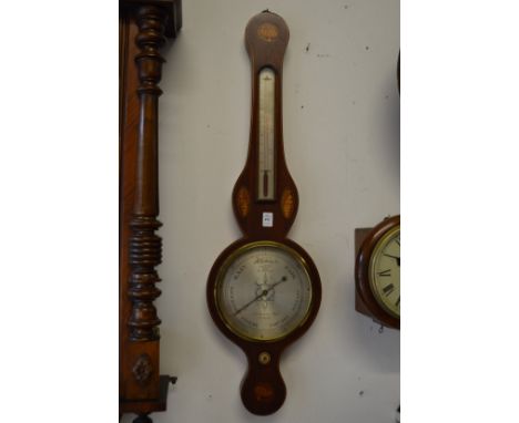 An inlaid mahogany cased aneroid barometer and thermometer, the silvered dial signed F Molton, Norwich.