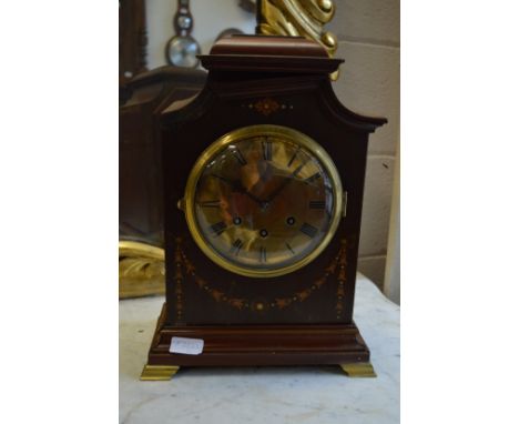 An Edwardian inlaid mahogany mantle clock (faults).