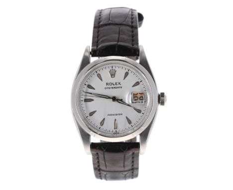 Rolex Oysterdate Precision stainless steel gentleman's wristwatch, ref. 6494, circa 1957, serial no. 3032..., circular white 