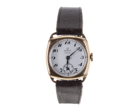 Omega gold plated cushion cased gentleman's wristwatch, circa 1930s, serial no. 8100xxx, white enamel  Arabic numeral dial wi