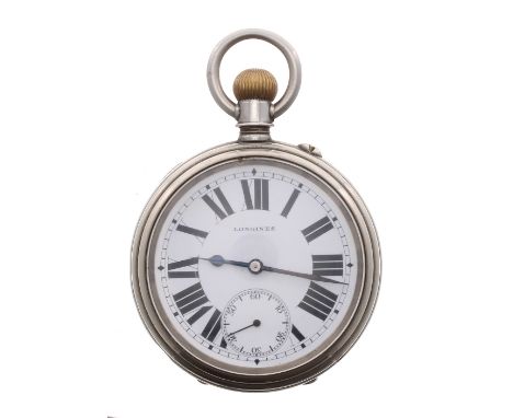 Longines nickel cased lever pocket watch, gilt frosted 21.54 movement, signed dial with bold Roman numerals and subsidiary se