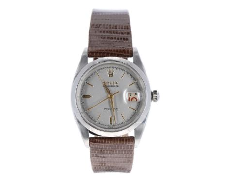 Rolex Oysterdate Precision stainless steel gentleman's wristwatch, ref. 6494, circa 1959, serial no. 4317XX, silvered dial wi