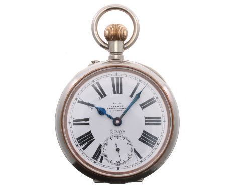 Omega 8 days Goliath chrome cased lever pocket watch, gilt frosted movement with engraved balance cock, compensated balance a