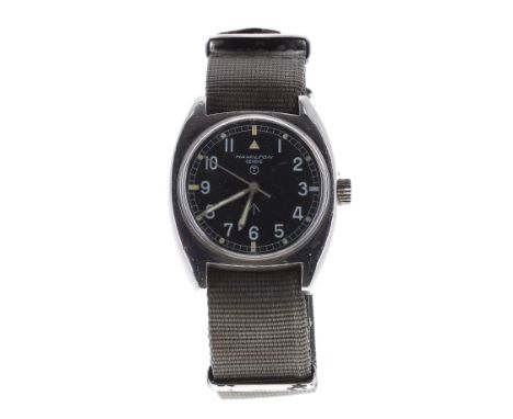 Hamilton Military issue stainless steel gentleman's wristwatch, circa 1975, the signed circular black dial with broad arrow a