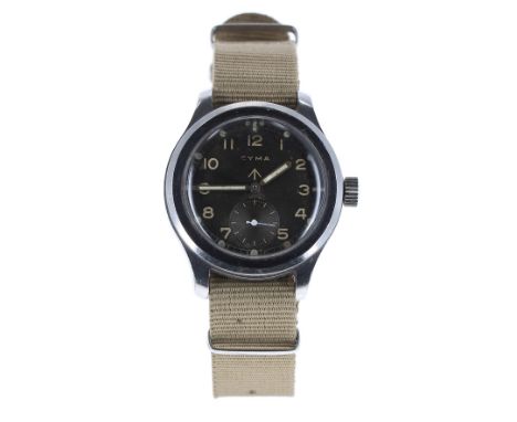 Cyma British Military issue stainless steel gentleman's wristwatch, circa 1940s, the black dial with broad  arrow, Arabic num