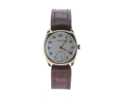 J.W. Benson 9ct cushion cased gentleman's wristwatch, Birmingham 1948, circular silvered dial with gilt Arabic numerals and m