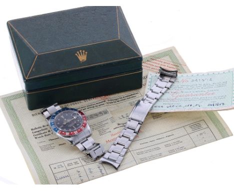 Fine Rolex Oyster Perpetual GMT-Master 'Pepsi' stainless steel gentleman's bracelet watch, ref. 6542, circa 1958, serial no. 