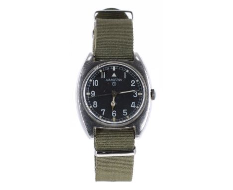 Hamilton Military issue stainless steel gentleman's wristwatch, circa 1973, circular black dial with broad arrow and  Tritium