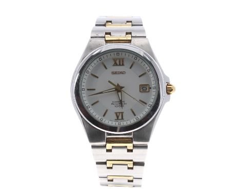 Seiko Kinetic Auto Relay bi-colour gentleman's bracelet watch, ref. 5J32-0AG0, serial. no. 32xxxx, white dial with date apert