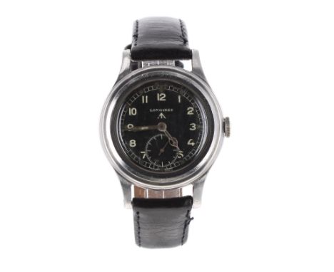 Longines British Miliary issue stainless steel gentleman's wristwatch, circa 1940s, signed black dial with broad arrow, Arabi