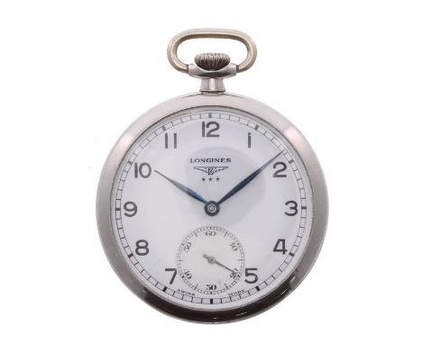 Longines stainless steel lever pocket watch, 37.93 movement, no. 11815036, signed white dial with Arabic numerals, blued stee