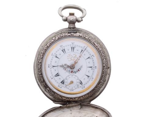 Silver (800) Turkish market hunter pocket watch, engine turned case, 46mm (case bruising) - Condition Report: - Movement - cu