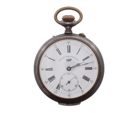 Swiss gunmetal lever alarm pocket watch, the gilt frosted movement with alarm dial and glazed cuvette, the dial branded 'Reve