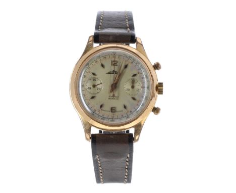 Vintage gold plated and stainless steel chronograph gentleman's wristwatch, silvered dial with Arabic twelve and six, baton m