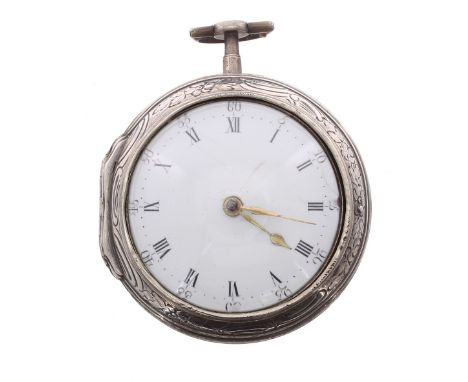 English 18th century silver repousse pair cased verge pocket watch, London 1793, the fusee movement signed J. Platt, London, 