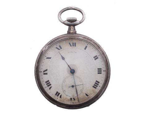 Zenith silver lever pocket watch, signed gilded movement, no. 2197662, signed silvered dial with Roman numerals and subsidiar