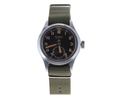 Buren Grand Prix British Military issue gentleman's wristwatch, circa 1940s, the dial with broad arrow, Arabic numerals, lumi