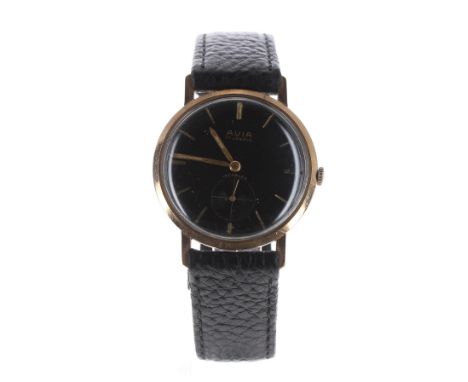 Avia 9ct gentleman's wristwatch, Birmingham 1966, circular black dial with gilt baton markers and subsidiary seconds, Accuris