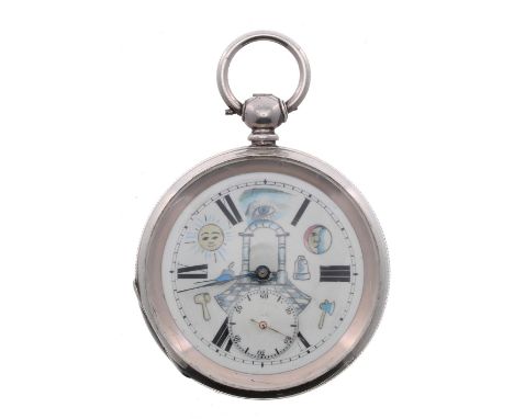 Masonic interest - silver lever pocket watch, unsigned nickel movement, the dial with Masonic emblems, Roman numerals, blued 