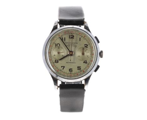 Suisse Chronographe stainless steel vintage gentleman's wristwatch, silvered dial with Arabic numerals, chronograph centre se