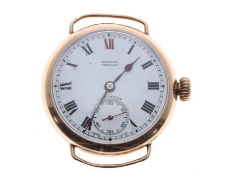 Longines 9ct wire-lug wristwatch, Birmingham 1930, the enamel dial with Roman numerals, red twelve and subsidiary seconds sig