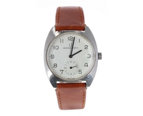 Universal Genéva 'Ferrovie Dello Stato' railroad stainless steel gentleman's wristwatch, the off-white dial with Arabic numer