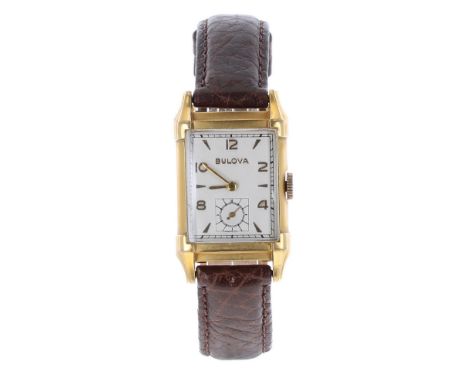 Bulova 10k gold filled rectangular gentleman's wristwatch, rectangular silvered dial with gilt Arabic numerals and hour marke