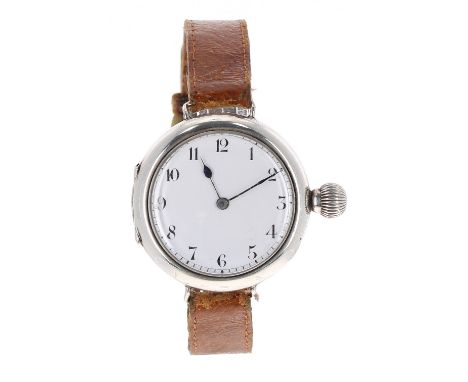 Silver wire-lug trench wristwatch, Birmingham 1911, circular enamel dial with Arabic numerals and outer minute track, blued s